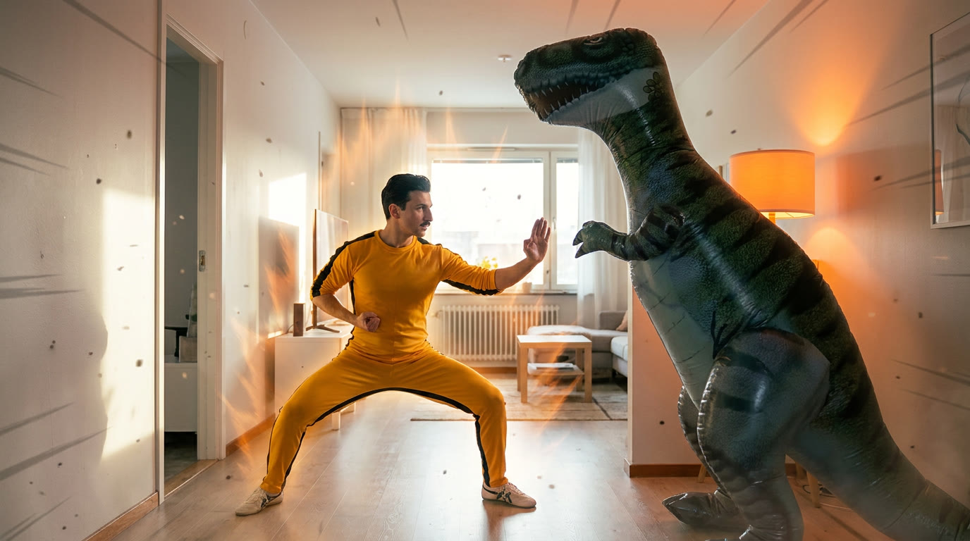 Murat i fightingställning mot en uppblåsbar T-rex